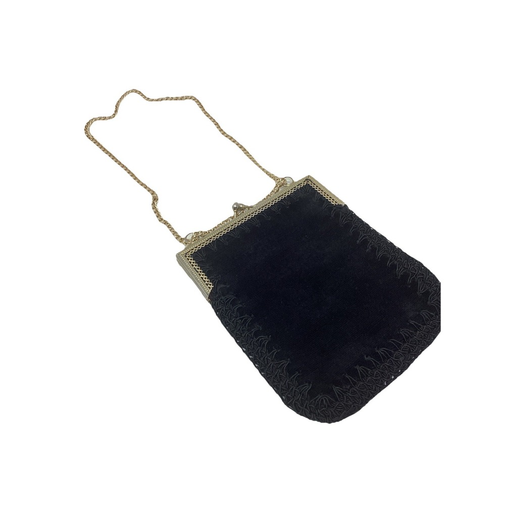 Vtg Italian Black Velvet Handbag/Purse w/Gold Chain Strap Kiss Lock Closure
